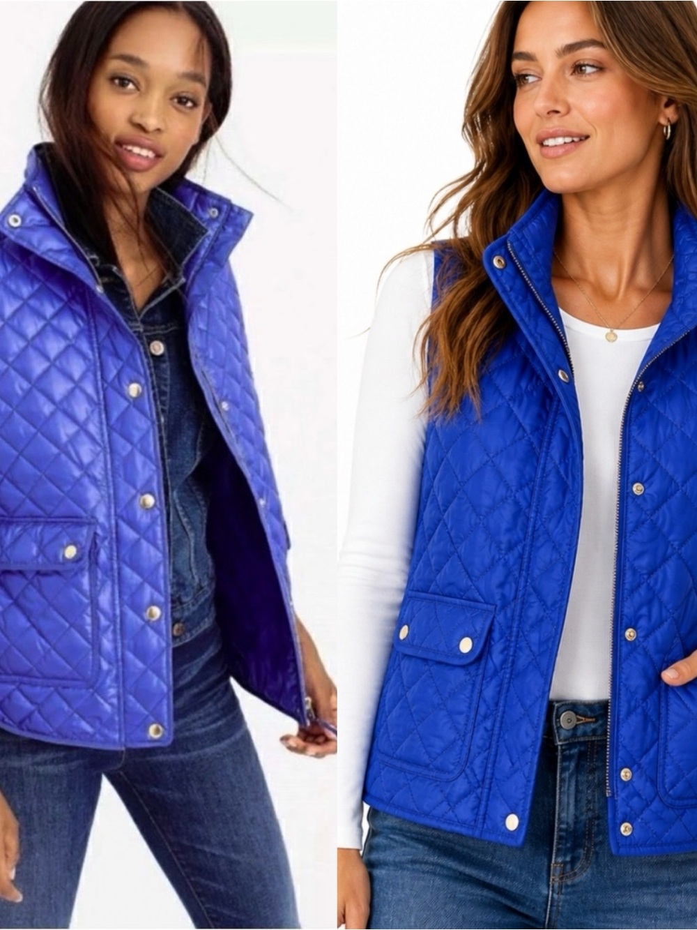 J. Crew Vibrant Blue Snap-Front Quilted Puffer Vest with Gold Hardware | Small - Picture 2 of 8